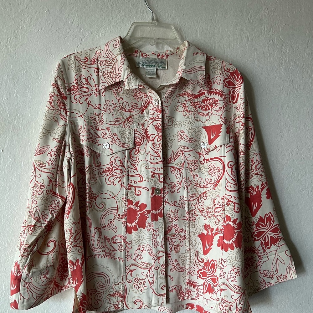 Silk Floral top Tropical Print Shirt Pineapple Moon, Size small; - Picture 2 of 6